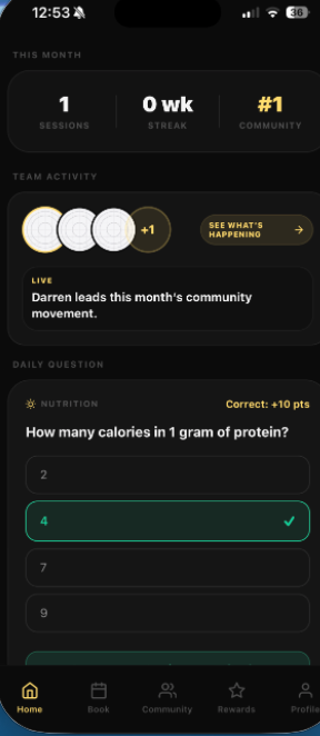 Klubify member app home screen showing community pulse and member activity